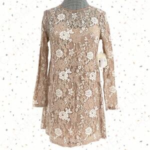 NEW Altar'd State Rauma Dress Neutral Cream Floral Lace Mesh Long Sleeve Size S